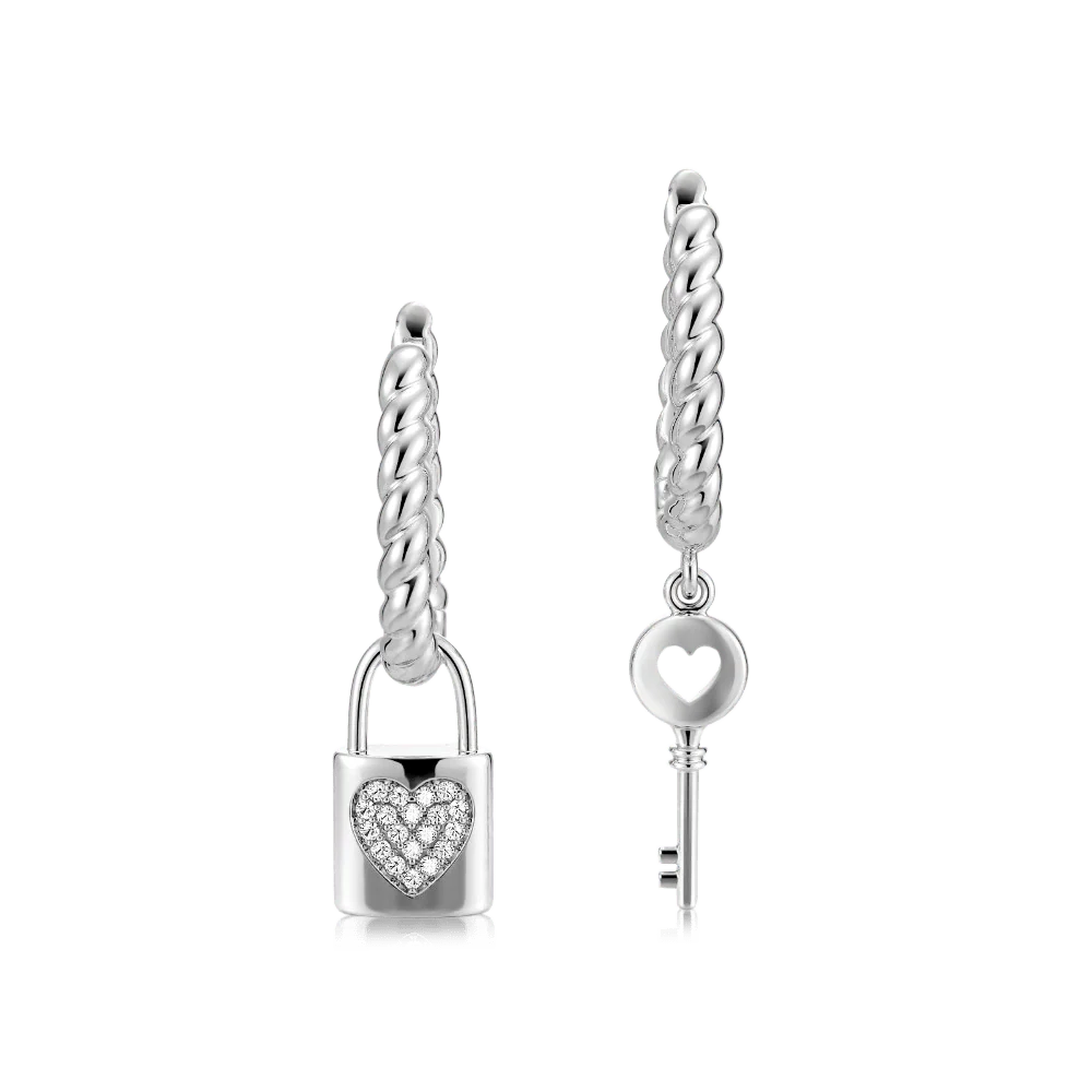 Gnoce Asymmetrical Lock Key Twisted Rope Earrings Platinum-plated Silver Blend - Image 2