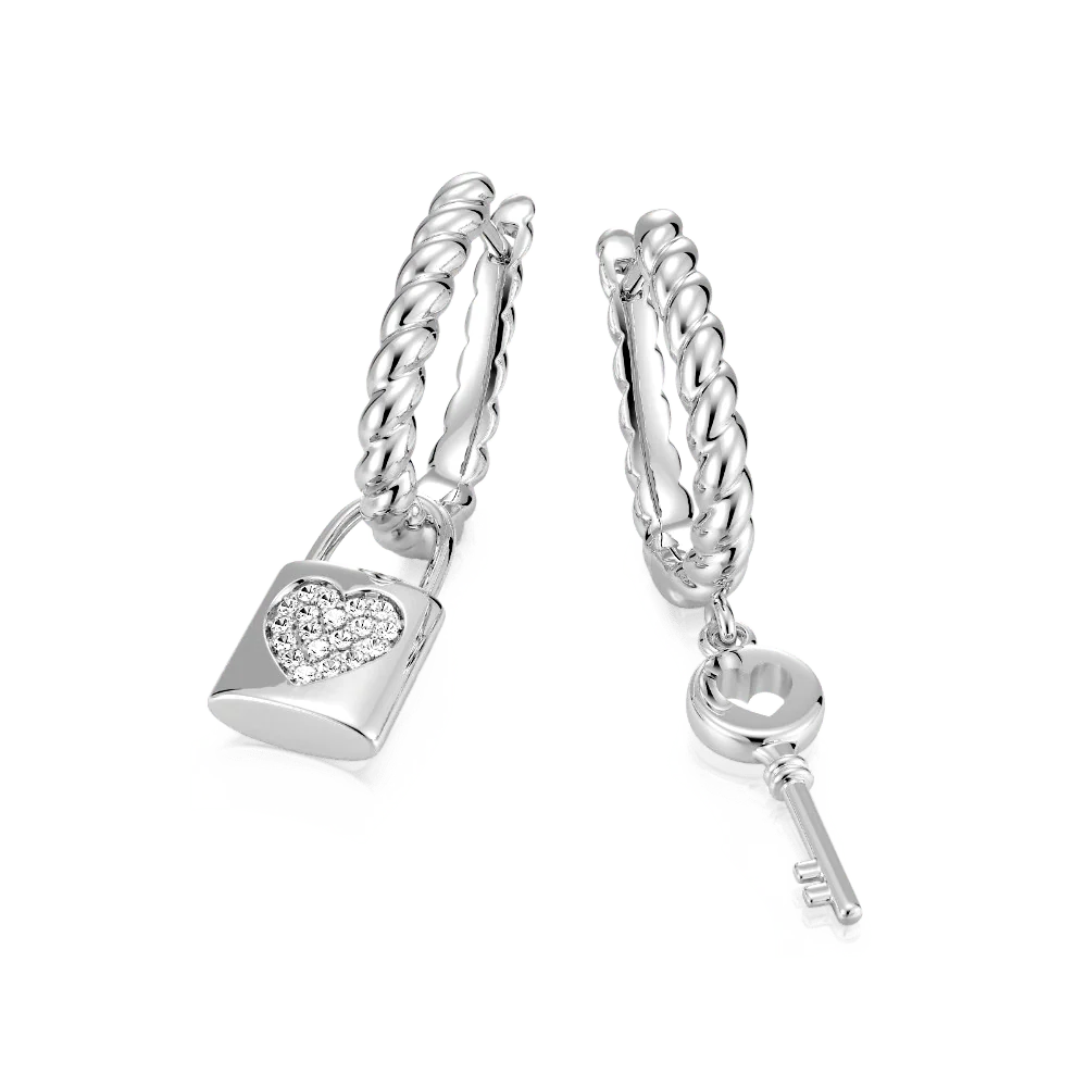 Gnoce Asymmetrical Lock Key Twisted Rope Earrings Platinum-plated Silver Blend - Image 3