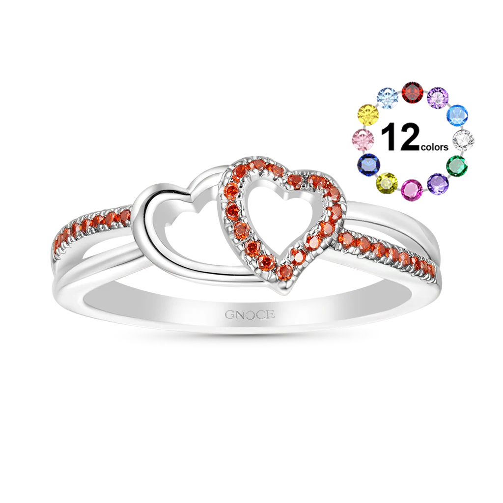 Gnoce Two Hearts Connect CZ Birthstone Band Ring