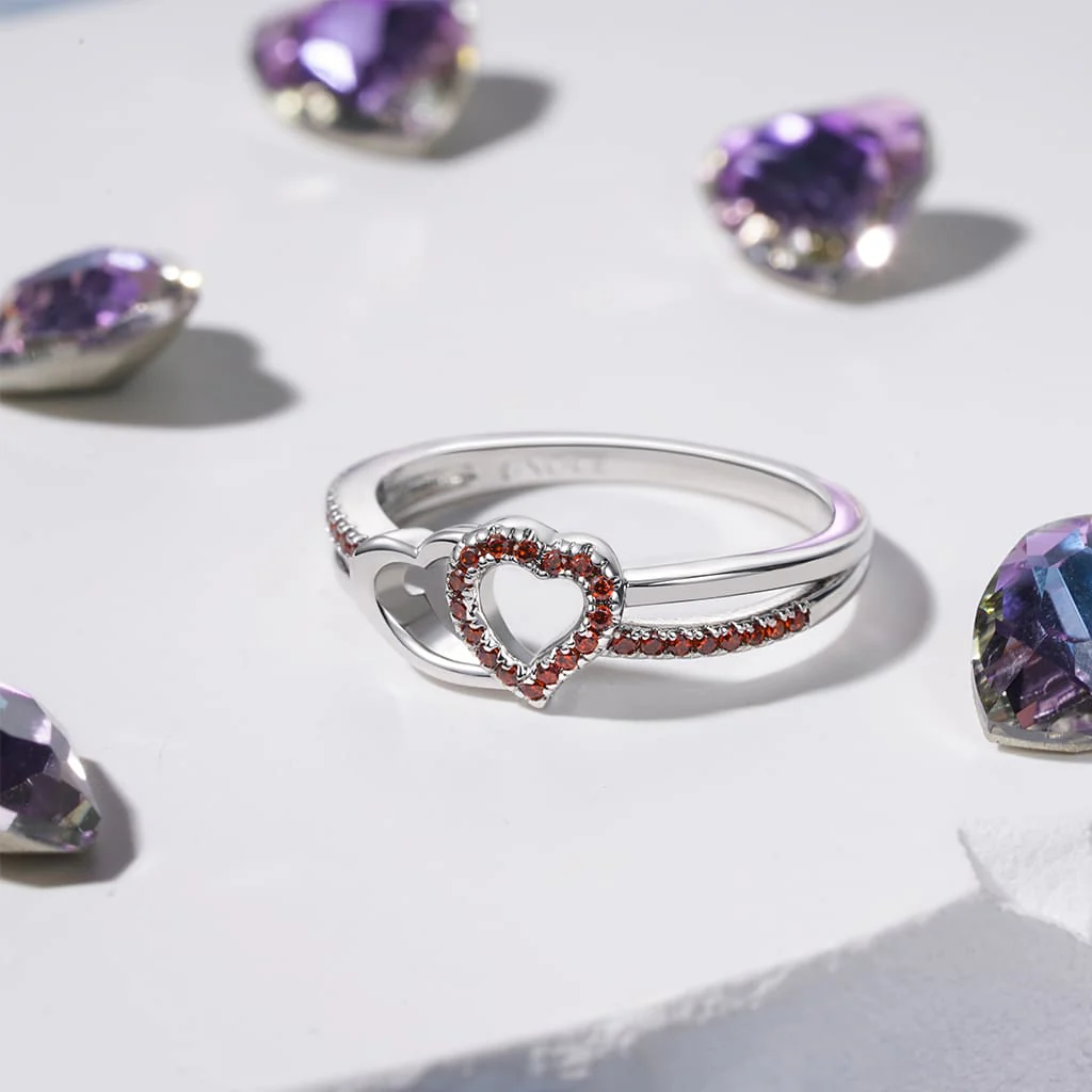 Gnoce Two Hearts Connect CZ Birthstone Band Ring - Image 5