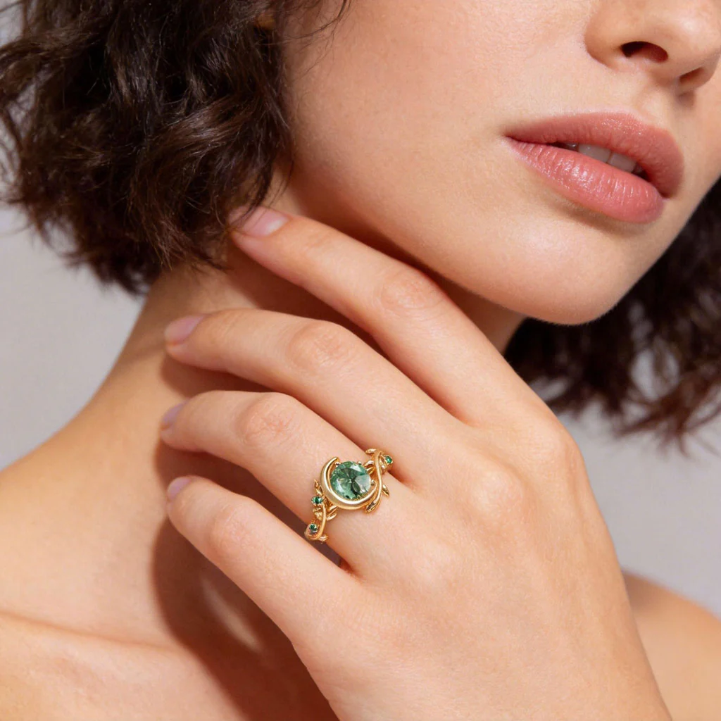 Gnoce Romantic Vine Crescent Moon Moss Agate Engagement Ring - Image 2