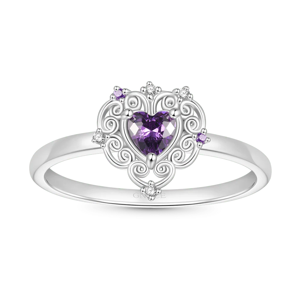 Gnoce Purple CZ Hollow Pattern Ring Platinum-plated Silver Blend