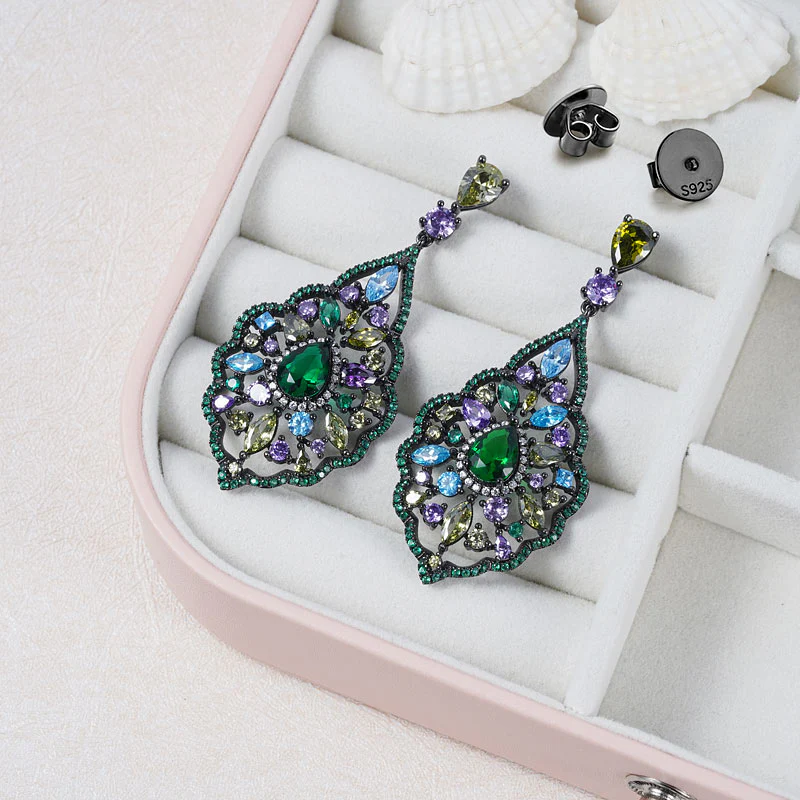 Vintage Water Drop Shape Dangle Earrings Copper Inlaid with Colorful Gemstones - Image 2