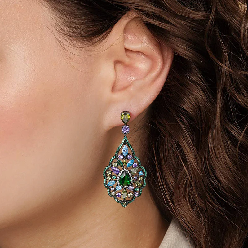 Vintage Water Drop Shape Dangle Earrings Copper Inlaid with Colorful Gemstones - Image 3
