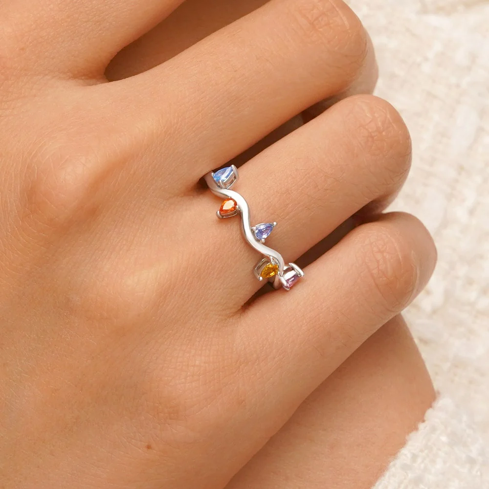 Gnoce Wavy Colorful Diamond Band Ring Platinum-plated Silver Blend - Image 5