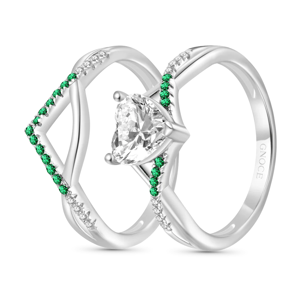 Gnoce Heart Cut Wishbone Stackable Ring Set Platinum-plated Silver Blend - Image 2
