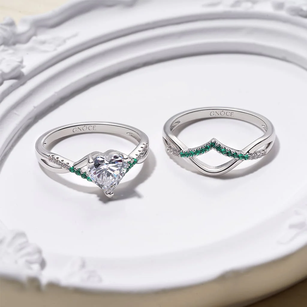 Gnoce Heart Cut Wishbone Stackable Ring Set Platinum-plated Silver Blend - Image 3