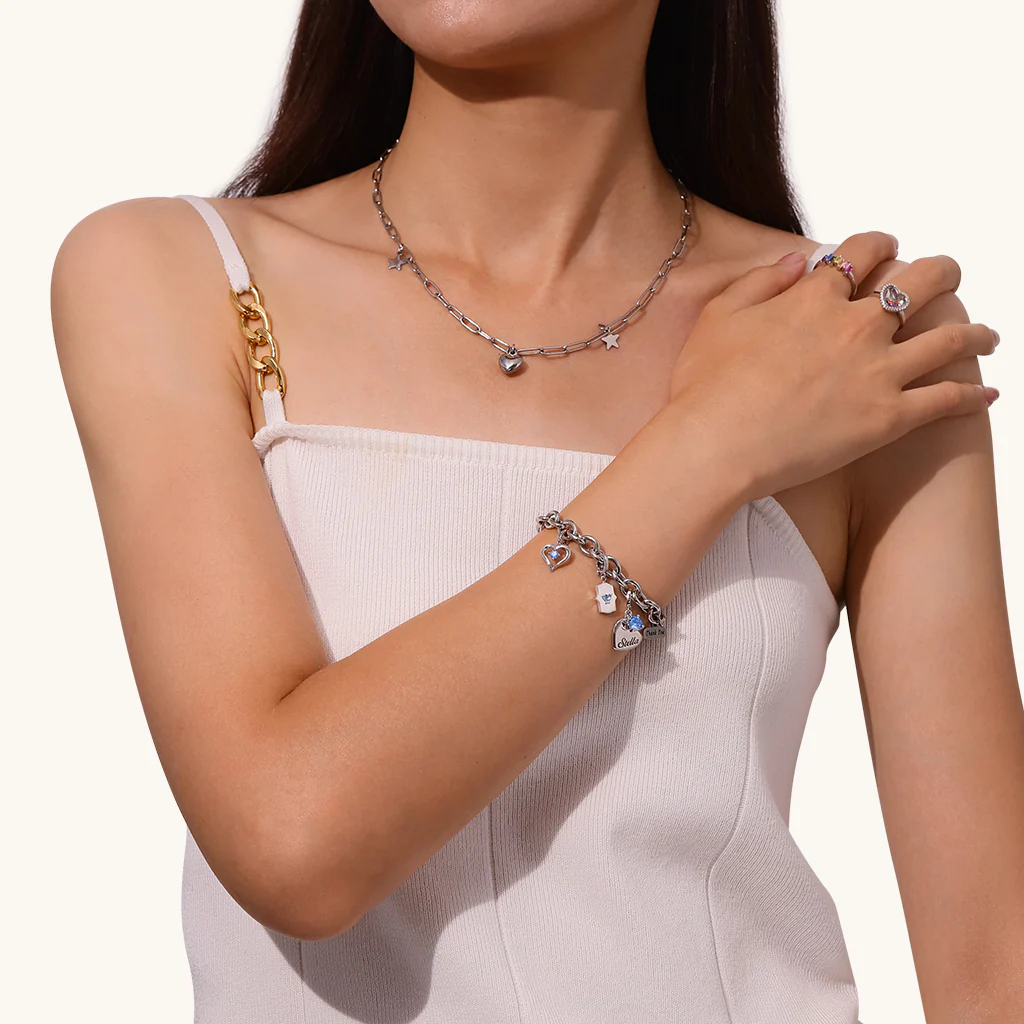Gnoce Zodiac Sign Heart Clasp Clusters Charm Platinum-plated Silver Blend - Image 4