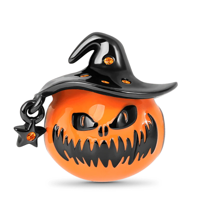 Gnoce Pumpkin Wearing Wizard Hat Black Charm Platinum-plated Silver Blend