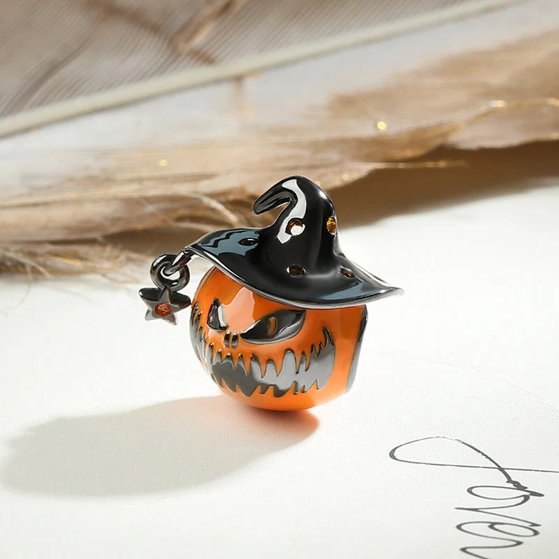 Gnoce Pumpkin Wearing Wizard Hat Black Charm Platinum-plated Silver Blend - Image 2