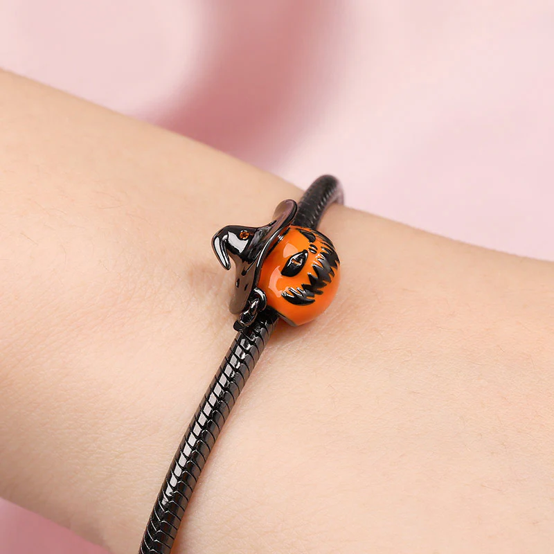 Gnoce Pumpkin Wearing Wizard Hat Black Charm Platinum-plated Silver Blend - Image 3