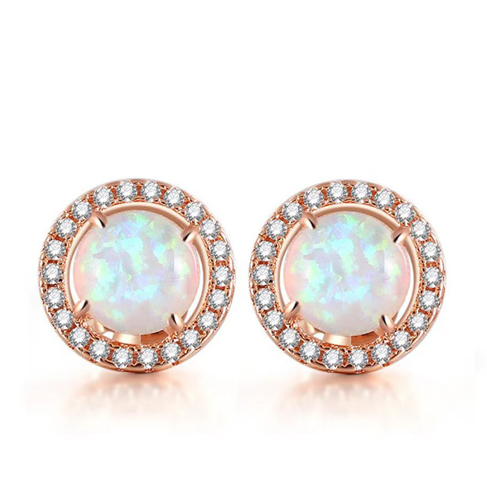 Round Stud Earrings with Opal Zircon Stone Rose Gold Plated Brass