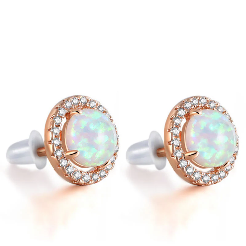 Round Stud Earrings with Opal Zircon Stone Rose Gold Plated Brass - Image 2