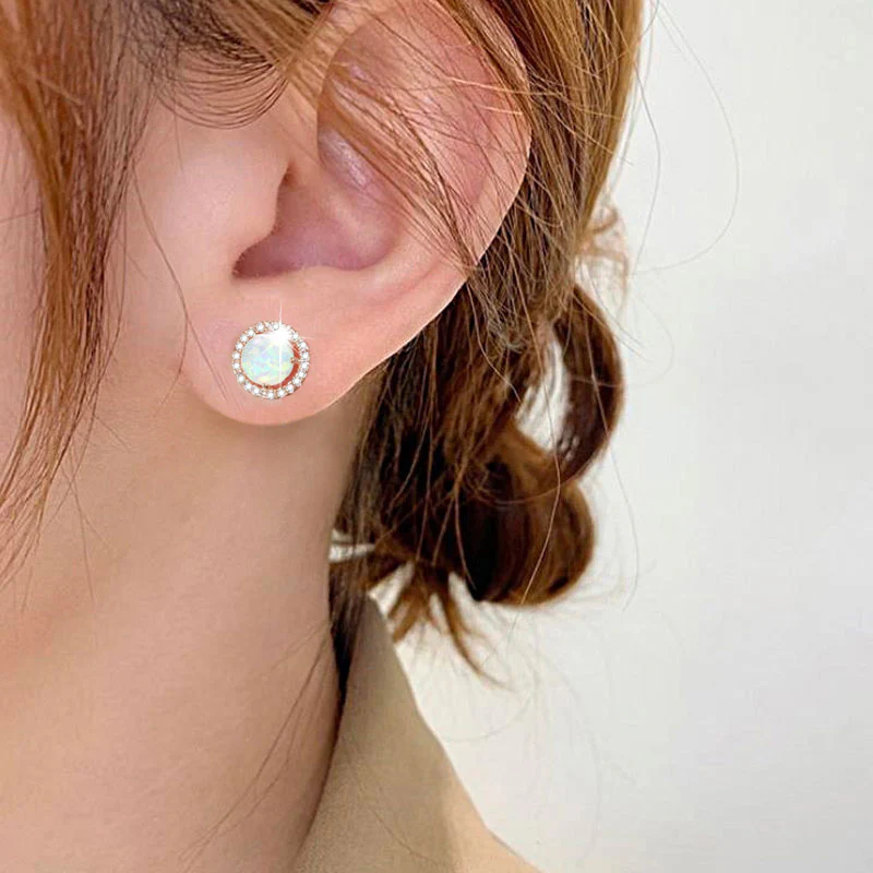 Round Stud Earrings with Opal Zircon Stone Rose Gold Plated Brass - Image 3