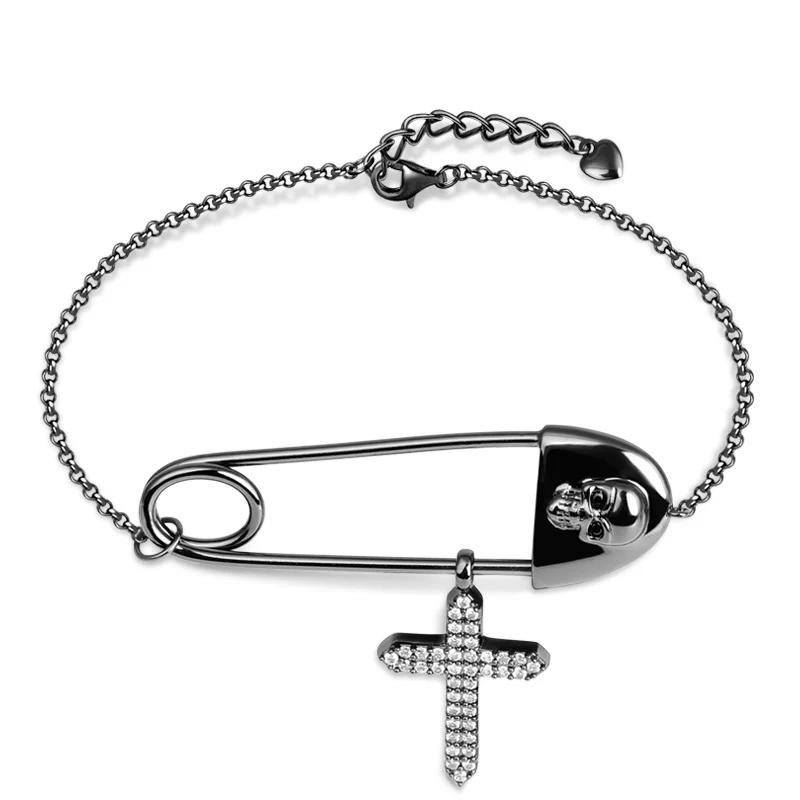 Gnoce Skull Paperclip Crystal Zircons Cross Bracelet Platinum-plated Silver Blend