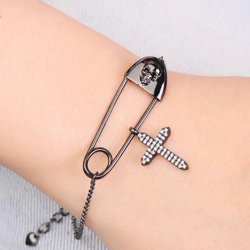 Gnoce Skull Paperclip Crystal Zircons Cross Bracelet Platinum-plated Silver Blend - Image 3
