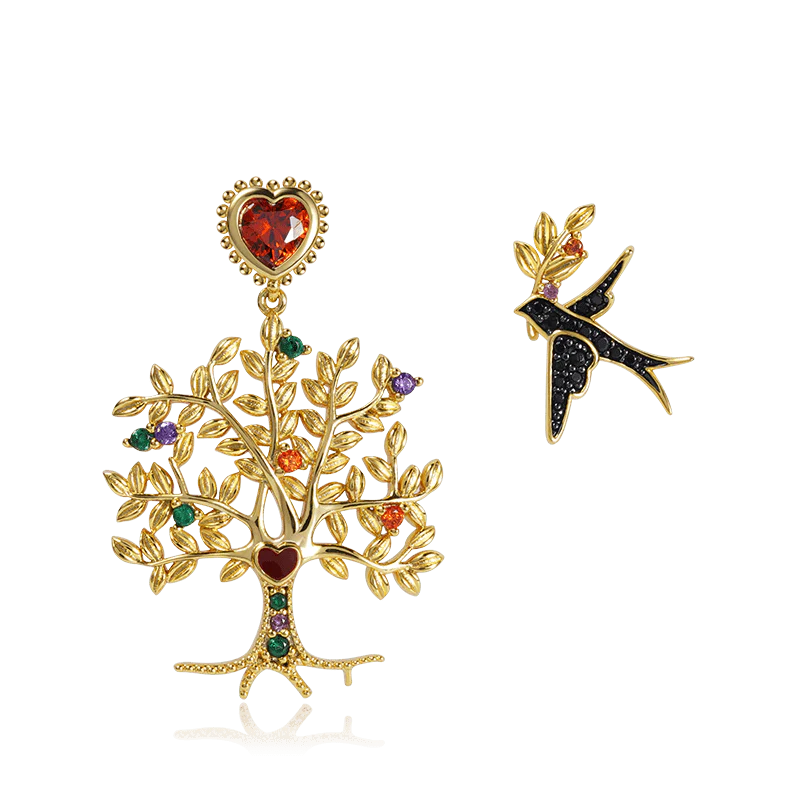 Gnoce Tree of Life & Swallow Earrings Platinum-plated Silver Blend