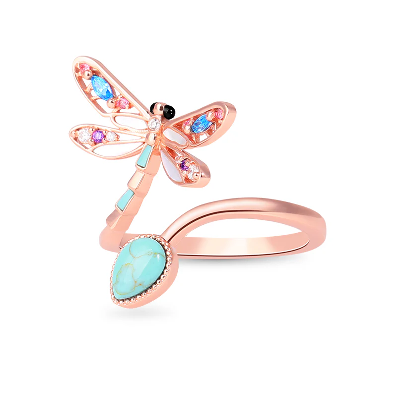Turquoise Dragonfly Adjustable Ring 18k Rose Gold Plated - Image 2