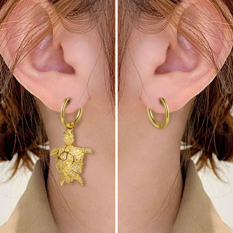 Turtle Dangle Earrings Gold Plated Asymmetry - Image 3