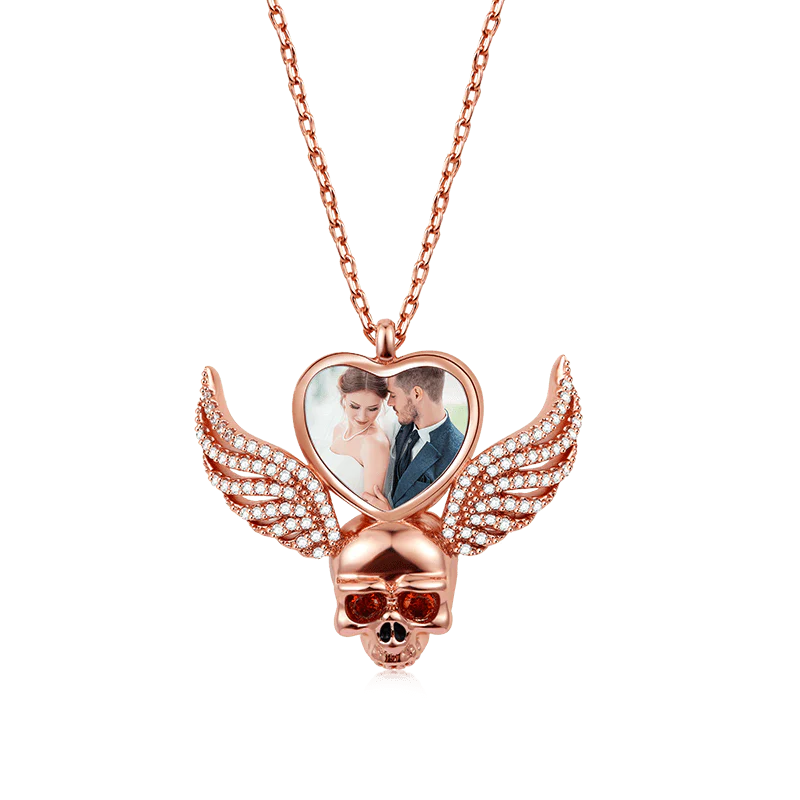 Gnoce Wings Skull Heart Photo Necklace Platinum-plated Silver Blend